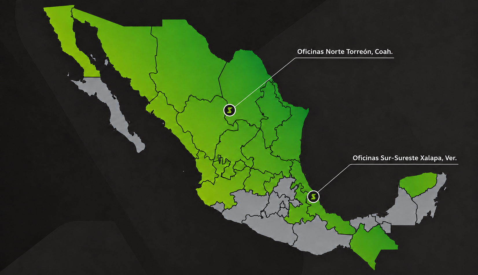 Mapa de cobertura SIEM en México — 19 estados, con oficinas en Torreón, Coah. y Xalapa, Ver.